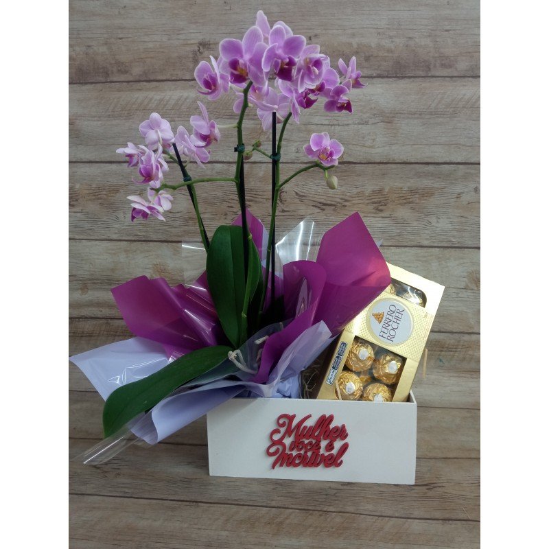 Mini Orquídea 2 Hastes Pote 9 "Cor variada" + Chocolate "Mulher você é incrível"